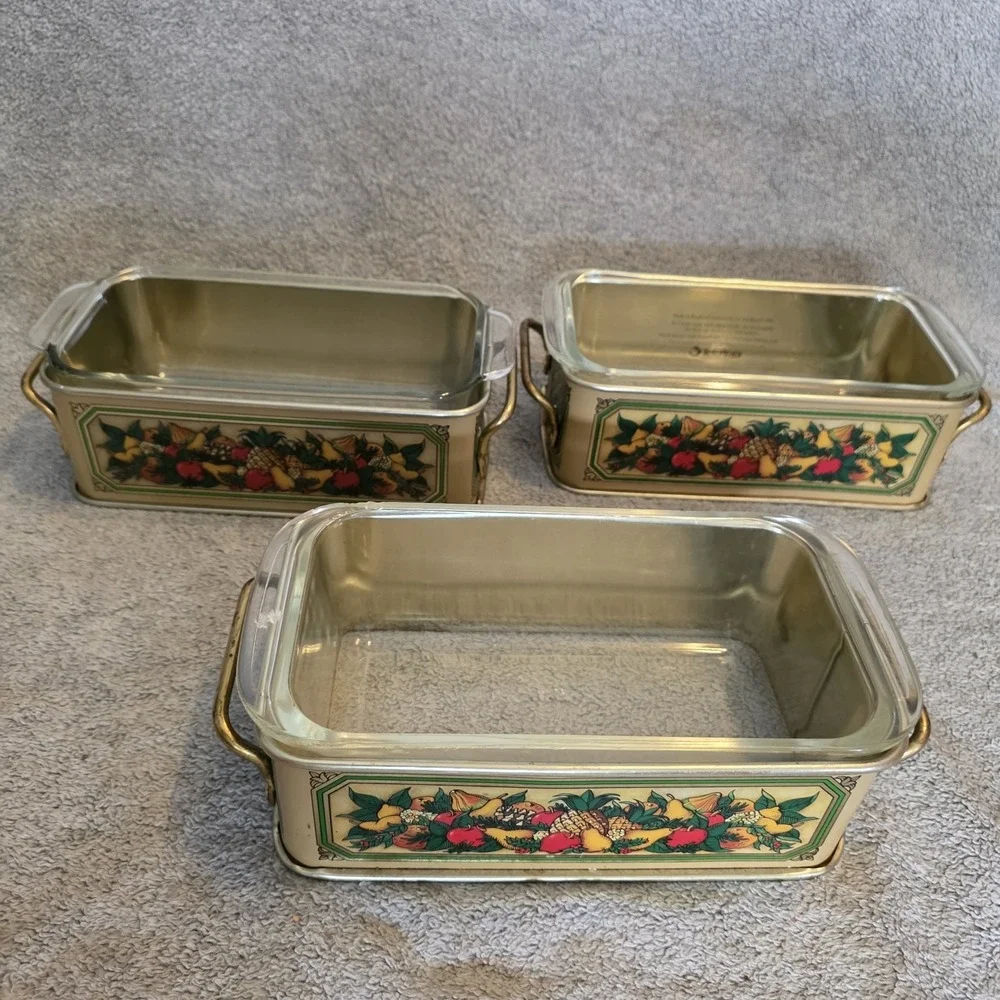 3 Vintage PYREX 213 Glass Loaf Pan & 1981 Teleflora Tin Metal Holder USA England